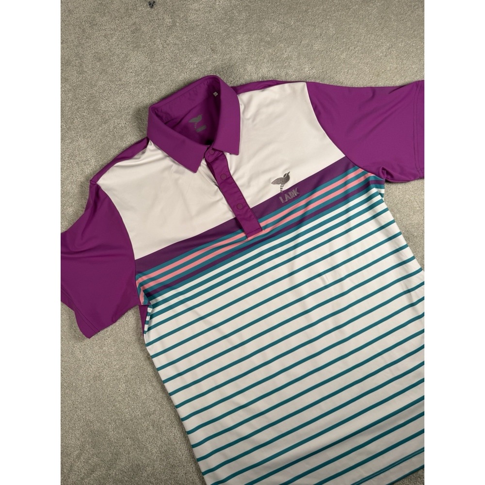 LARK Golf Polo Shirt Lg Purple Teal Pink Striped‎ Performance Snap Retro Vibe